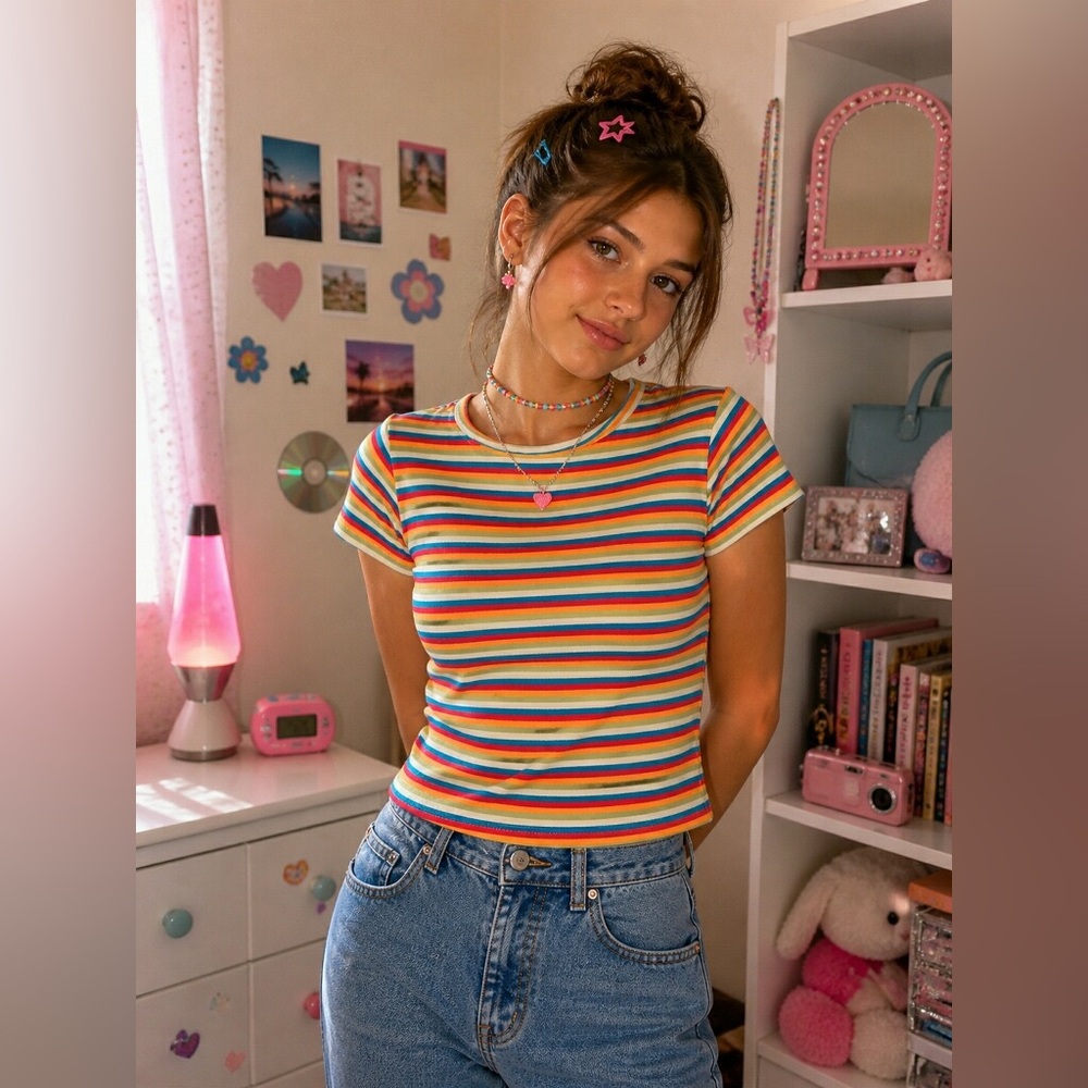 White Stag Women’s  100% Cotton Striped Rainbow Crew Neck Tee